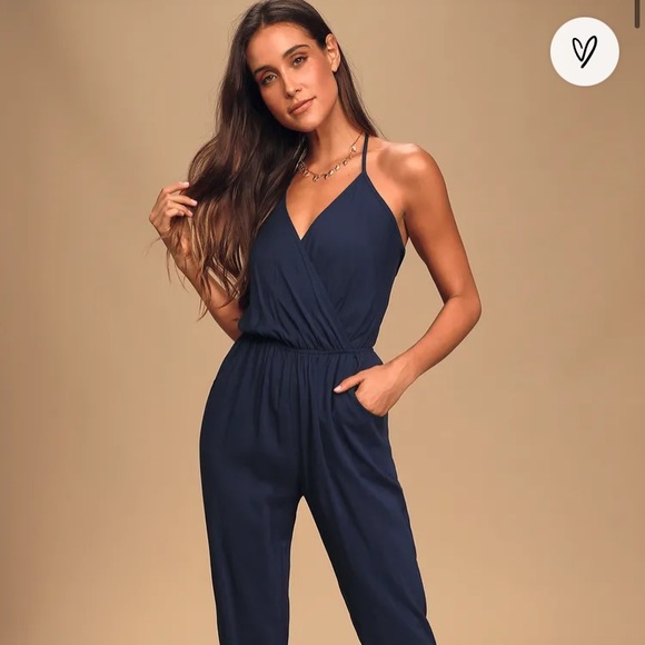 Lulus Pants - Lulus Learning to Fly Navy Blue Halter Jumpsuit